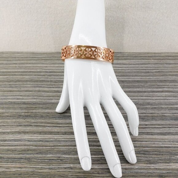 Tory Burch TB Gold Logo Cut out Cuff Bracelet Rose Gold OS - Picture 5 of 12